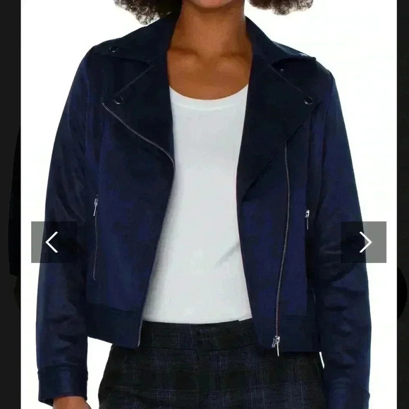 Liverpool Los Angeles Mystic Navy Moto Jacket Faux Suede Zips Women’s Size Small - Picture 14 of 14